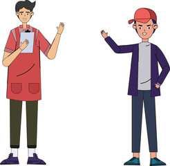 Professional Young Men Characters Waving and Greeting in Flat Cartoon Vector Illustration