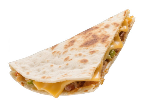 Close-up of a crispy, folded quesadilla filled with melted cheese, savory meat, and fresh vegetables on a plain white background, Spanish cuisine