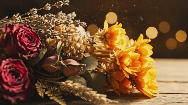 Beautiful Dried Flower Arrangement with Soft Bokeh Lights.