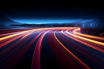 Abstract light trails on a highway at night with a futuristic glow