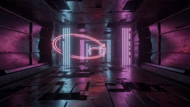 Rotating Arrow Symbol in Dark Cyberpunk Sci Fi Corridor with Neon Lights