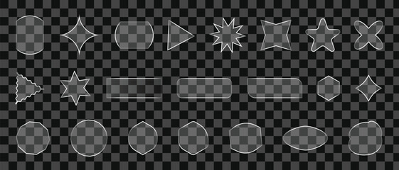Smooth transparent glass shapes featuring subtle glow effects along the edges, displayed over a dark checkered background. Perfect for sleek UI layouts and contemporary web design