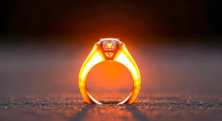 Golden ring with clear gem casting bright light on floor