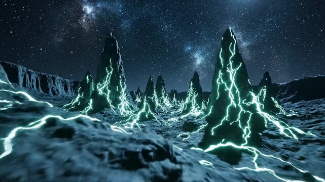 Alien Landscape with Glowing Canyons and Starry Sky.