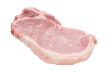 Close-up of a fresh raw pork chop with bone on white background, high-quality image highlighting the meat texture and appearance for food and cooking