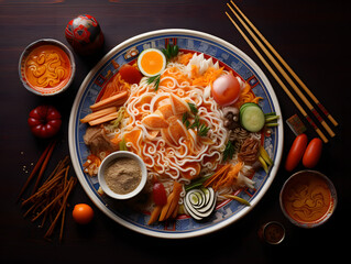 Vibrant asian noodle salad with fresh ingredients and chopsticks overhead view