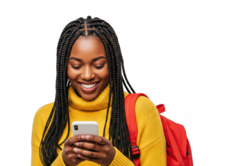 Young african american woman with braids wearing a yellow turtleneck and red backpack holding a smartphone smiling happily isolated on transparent background