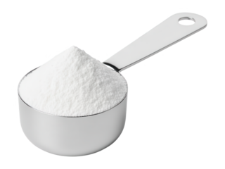 Metal Measuring Cup Filled with White Powder Isolated on White, Baking Ingredient, Flour, Sugar, or Protein Powder