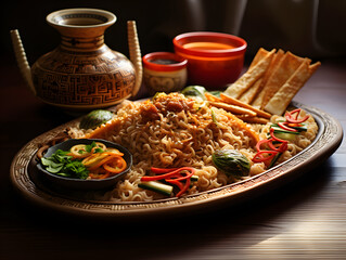 Delicious and colorful middle eastern food platter with rice and dips