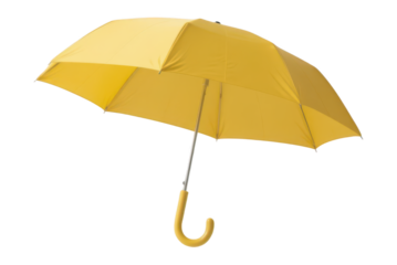 Bright yellow umbrella with curved handle open outdoors on a rainy day, protecting against wet weather, vibrant color, and weather-resistant design