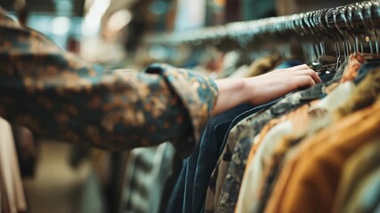 Vintage shopping experience in a bustling market featuring a variety of colorful clothing options - Powered by Adobe