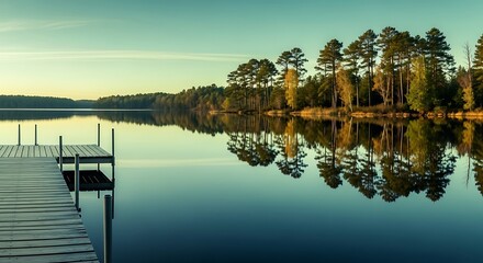 Tranquil lake with mirrored reflections and wooden dock beckons peaceful moments in nature, perfect for relaxation retreats and outdoor adventures