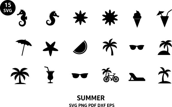 Summer Beach Icon SVG Bundle | Tropical Vacation Clipart | Sun Palm Ice Cream Silhouette Designs