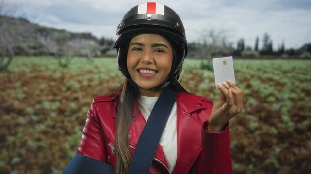 Young woman in helmet and red jacket with arm in sling holding credit card outdoors in green park setting.