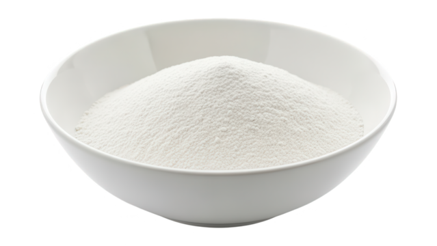Fine White Powder in Ceramic Bowl, Culinary Ingredient or Baking Powder