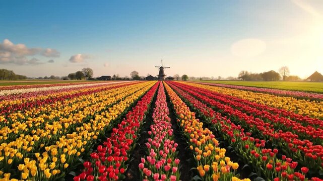 Vibrant Tulip Fields Bloom Under Golden Sunrise with Iconic Dutch Windmill in Scenic Landscape