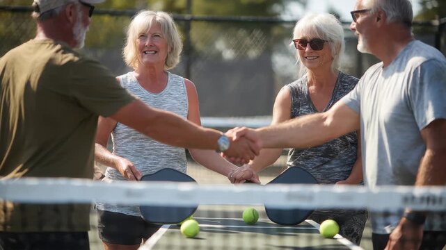 Four pickleball players engaging in friendly competition at an outdoor court on a sunny day, enjoying the sport and socializing together