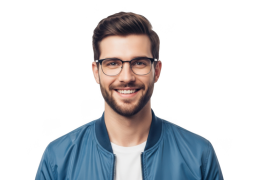 Smiling young man with beard and glasses wearing a blue jacket and white shirt headshot portrait isolated on transparent background