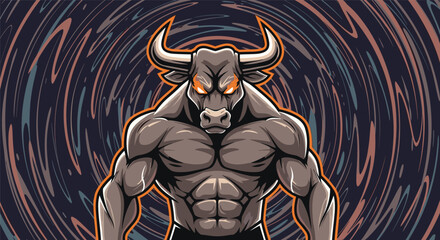 A powerful muscular bull creature with glowing red eyes stands with a determined expression.