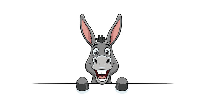 This is a humorous pixelated cartoon illustration of a smiling donkey peeking over a white background.