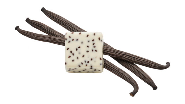 Close-up of a vanilla bean and a square piece of cookies and cream flavored chocolate with black specks on a white background, high detail and clarity