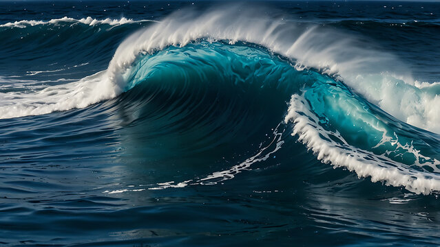 Powerful ocean wave crashing with white foam and deep blue water
