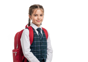 Young schoolgirl wearing a white shirt plaid vest and tie carrying a red backpack isolated on transparent background