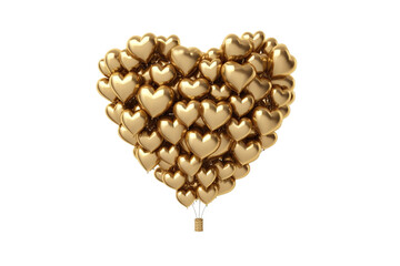 Flying Golden Heart Shaped Air Balloons. transparent background