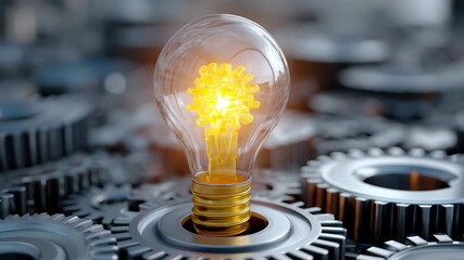 Lightbulb and gears symbolize innovation and ideas in a creative workspace environment, showcasing the fusion of technology and imagination for future solutions