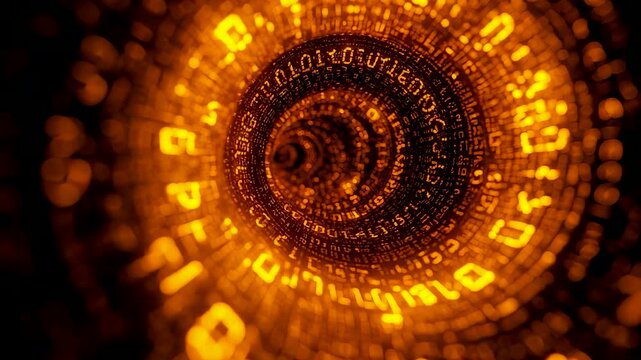 Golden Binary Code Tunnel with Glowing Numbers and Data Stream in Circular Motion