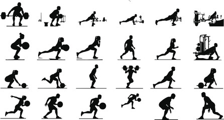 fitness, gym, silhouette, exercise, workout, push-up, squat, lunge, dumbbell, barbell, machine, posture, motion, strength, vector