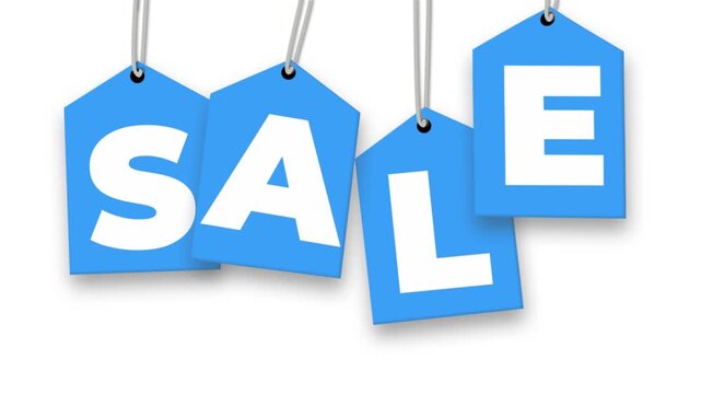 Sale promotional tags swinging on string animation on transparent background.