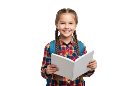 Young girl with braided hair and backpack smiling while holding an open book isolated on transparent background