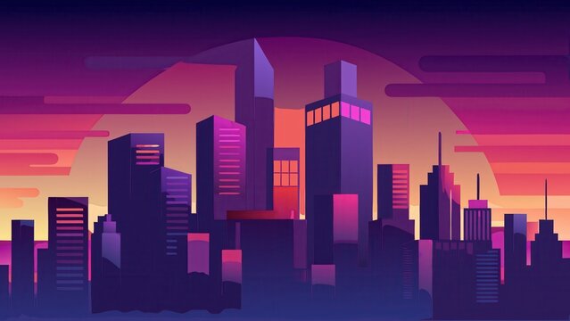 Stunning vibrant cityscape silhouette at sunset with modern architecture, perfect for urban development projects and contemporary lifestyle brands
