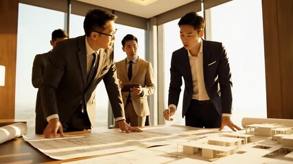 Business professionals collaborating on architectural plans in a modern office. - Powered by Adobe