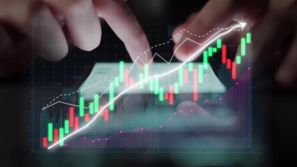 A close-up of hands interacting with a financial chart on a digital device, illustrating stock market growth and investment strategies in a modern business environment. Copula - Powered by Adobe