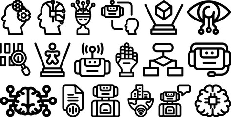 Modern AI and robotics line icons illustrating machine learning, automation, neural networks, and future technology concepts for innovative vector design projects.