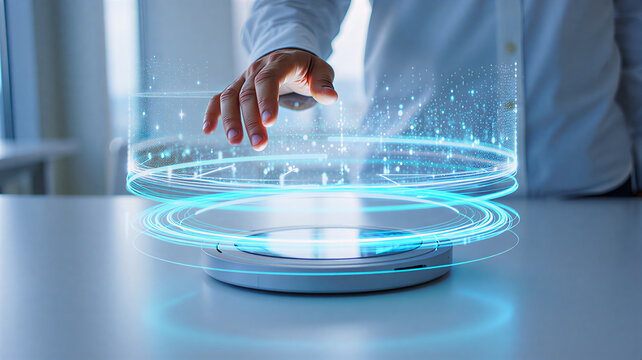 Hand Interacting with Futuristic Holographic Data Interface