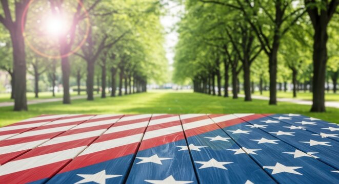 Wooden picnic table painted with the american flag design, set in a park with a treelined avenue and green grass, evoking a sense of national celebration and outdoor leisure
