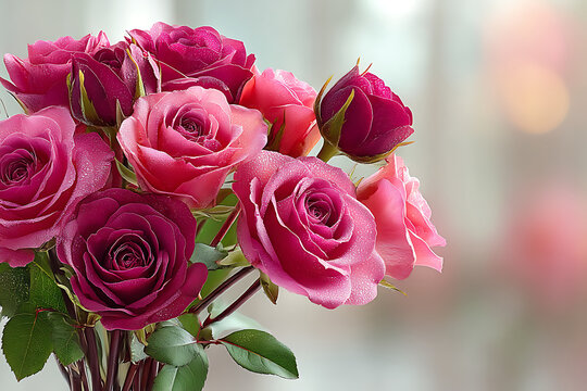 A bouquet of pink and purple roses with water droplets on the petals in a soft focus background