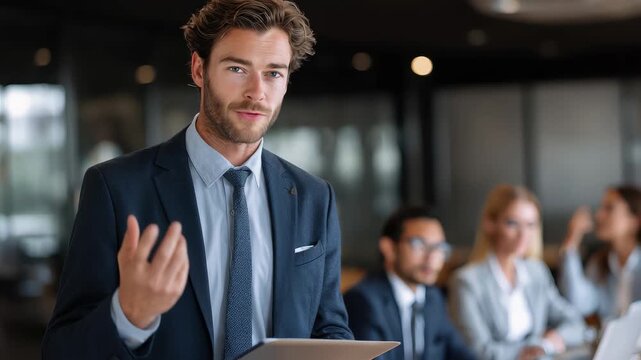 Businessman giving a report presentation to a team in a corporate setting during a weekday morning meeting