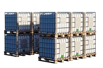 Stacked IBC liquid containers on wooden pallets used for chemical storage, bulk transport, logistics, warehousing, and industrial supply handling. Logistics, Warehouse, Chemical Storage 3d image