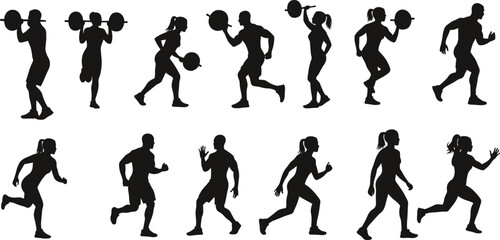 fitness, silhouette, workout, running, barbell, squat, motion, strength, dynamic, jogging, exercise, posture, training, active, vector