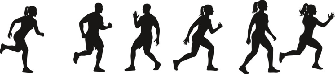 running, jogging, silhouette, athlete, fitness, motion, male, female, stride, posture, workout, dynamic, exercise, active, vector