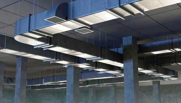 Large suspended HVAC air ducts with vents in a modern industrial building, highlighting ventilation, air conditioning, construction and engineering systems. 