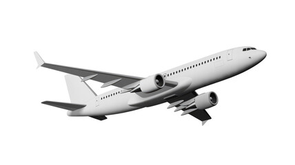 Obraz premium A clean white commercial passenger airplane in a simplified 3D rendering, ascending against a solid transparent background, ready for easy integration. background removed