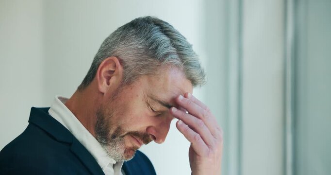 Stress, business and mature man at window in office for corporate mistake with economic downturn. Worry, male person and disappointed employee for company bankruptcy, liquidation notice and job loss