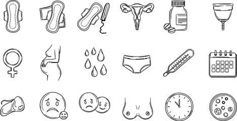 Collection of hand drawn icons representing feminine hygiene products and women s health items