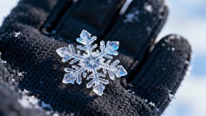 Close up of a delicate intricate snowflake resting on a black winter glove showcasing its unique hexagonal crystal structure against a blurred snowy background