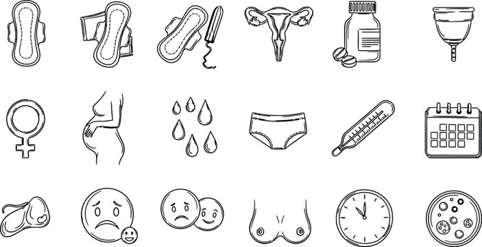 Collection of hand drawn icons representing feminine hygiene products and women s health items